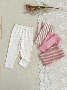 SHEIN 4件套女婴时尚俏皮裤装，面料柔软，适合上学、室内外活动，秋冬季穿着。