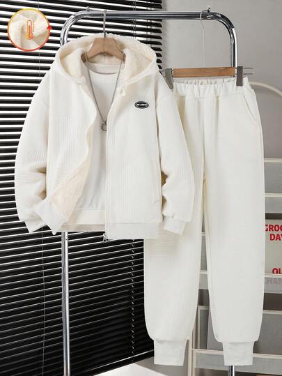 Sudadera con capucha informal para niños preadolescentes con tela de punto texturizada, puños y bajo elásticos, forro térmico, pantalones con cintura elástica y bajo acanalado, corte holgado clásico, adecuado para otoño/invierno, diario, ir y venir, al aire libre, fiesta, sesión de fotos