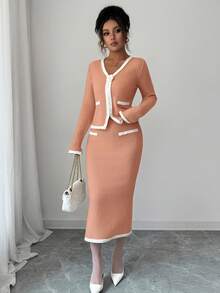 Elenzga Áo len và chân váy công sở đơn giản, thoải mái, cổ chữ V, tay dài, chất liệu kaki dệt kim cao cấp, họa tiết hoa hồng 3D, cạp chun thanh lịch, dễ phối đồ, trang phục công sở thường ngày sang trọng - trái cam - Xem 6