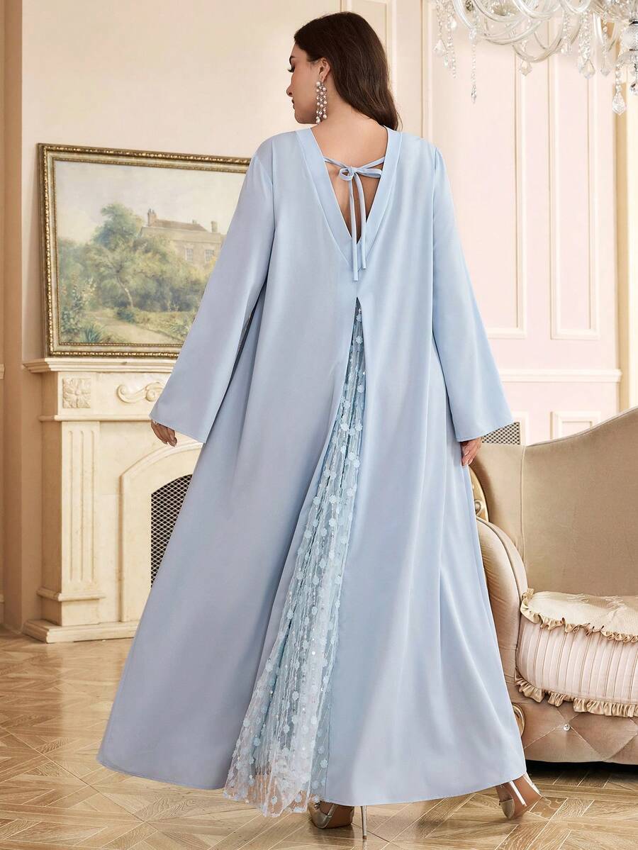 Al Najma 大码女式立领长袖露背抽绳拼接雪纺优雅阿拉伯连衣裙 - 藍色 - 查看 1