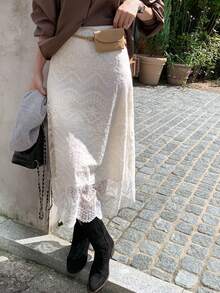 DAZY Chân váy chữ A phối ren hoa thanh lịch dành cho nữ, thích hợp cho mùa xuân. - Màu be - Xem 4