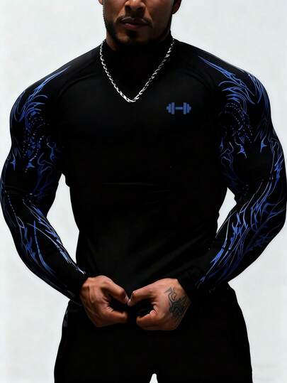 Manfinity Sport PWRUP Camiseta deportiva de compresión de manga larga con estampado gráfico para hombres