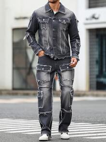 Manfinity LEGND 男士休闲做旧毛边灰色牛仔套装 - 深灰色 - 查看 6