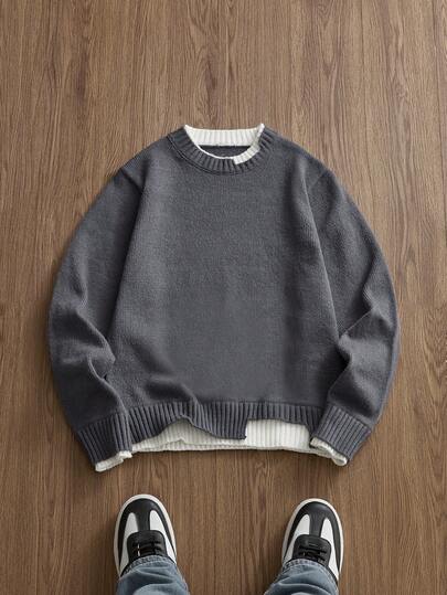 EASEVO Plus Size Men's Fashionable Color Block 2 In 1 Sweater