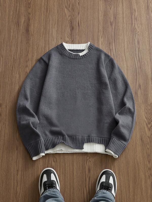 EASEVO Plus Size Men's Fashionable Color Block 2 In 1 Sweater