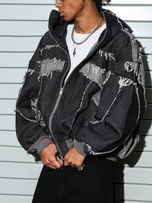 STEELVANCE 男士休闲拼接毛边连帽拉链牛仔夹克，街头风 - 深灰色 - 查看 3