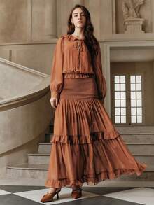 SHEIN Unity Women's Elegant Ruffled Maxi Dress, Brown Tiered Party & Vacation Outfit - Rust Brown - View 3