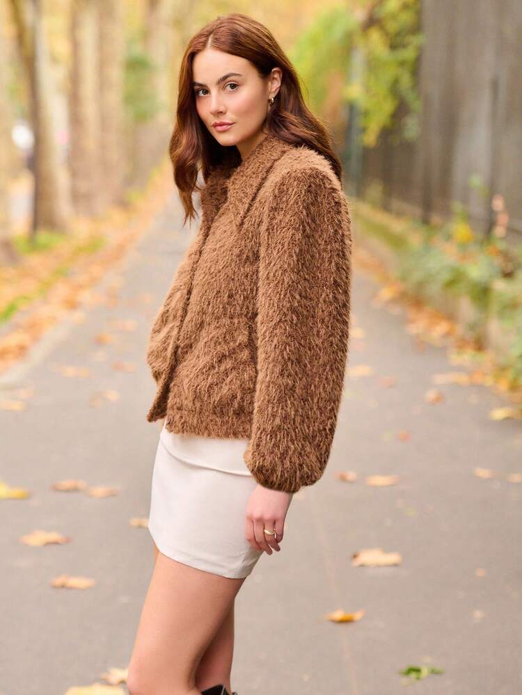 Brown Faux Fur Jacket With Wide Collar And Front Button Closure Spring Summer Look Brown Jacket Fluffy Brown Jacket Going Out  New Year