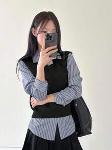 DAZY 法式学院风修身女士秋冬针织背心 - 黑色 - 查看 4