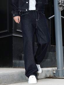 Manfinity EMRG Jeans larghi e comodi da uomo con ricamo sulla tasca posteriore, blu navy