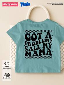 小男孩“有问题吗？打电话给我妈妈”印花圆领短袖浅蓝色T恤 - 薄荷藍 - 查看 7