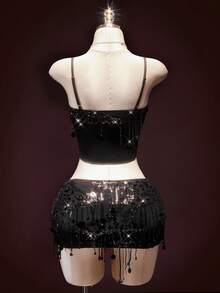 SHEIN ICON 2件套 女士修身亮片拼接流苏露脐上衣和迷你裙 - 黑色 - 查看 3