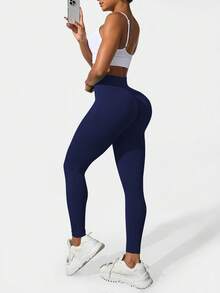 Slayform Leggings femininas de cintura alta, sem costura e modelagem slim - Leggings resistentes, macias ao toque, de secagem rápida, respiráveis e com elasticidade em 4 direções, ideais para corrida, ciclismo, ioga, pickleball, exercícios e uso casual. - Azul marinho - Ver 2