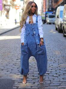 Slaydiva Women's Casual Loose Fit Cargo Pocket Denim Jumpsuit - Blue - View 1