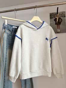 Resyla Contrast Color Trim Embroidered Hooded Casual Pullover Sweatshirt - Grey - View 2