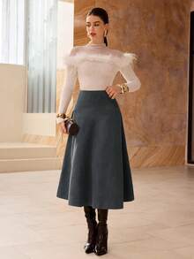 Modelyn Solid Color Faux Suede Flared Elegant Long Skirt For Women - Grey - View 4