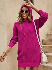 SHEIN Cottnline Drop Shoulder Drawstring Hooded Sweater Dress - Purple - View 6
