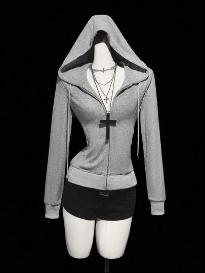 SHEIN ICON 女士 Y2K 纯色抽绳连帽拉链印花休闲百搭长袖卫衣，冬季女款灰色拉链卫衣