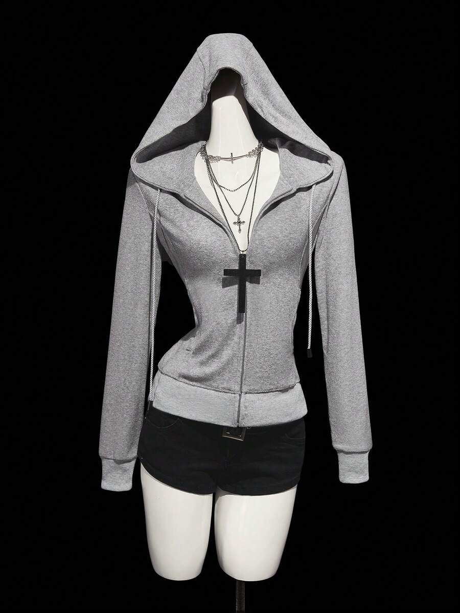 SHEIN ICON Damen Y2K einfarbiger Kapuzen-Reißverschluss-Grafik-Lässig-Vielseitig-Langarm-Sweatshirt, Winter für Frauen Grauer Reißverschluss-Sweatshirt Grau - Grau - Übersicht 1