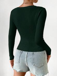 Women's Casual V-Neck Button Down Lightweight Cardigan, Solid Color, Slim Fit, Versatile For Daily Commute, Autumn - Dark Green - View 2