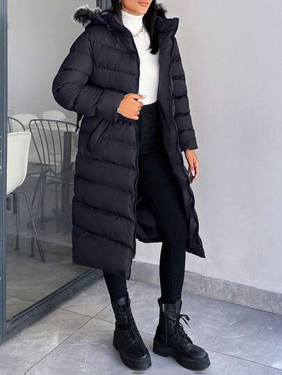 EURMUSE Women's Petite Belted Winter Coat Belted Puffer Faux Fur