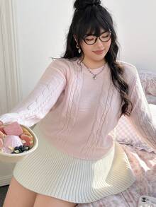 Comfortcana 大码纯色麻花针织扭结休闲长袖套头毛衣，秋冬款 - 粉色 - 查看 9