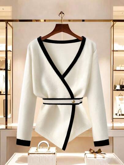 GlowEve Women's Stylish Contrast Color Design Tie-Up Metal Buckle Decor Cardigan, Fashionable And Elegant, Suitable For Autumn/Winter