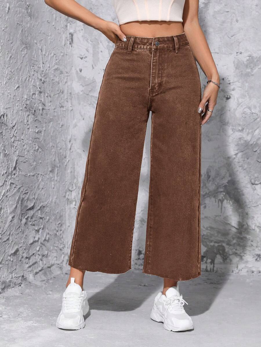 SHEIN PETITE Quần Jeans Nữ Dáng Rộng Thường Ngày Có Túi Và Nút - Cà phê nâu - Xem 1