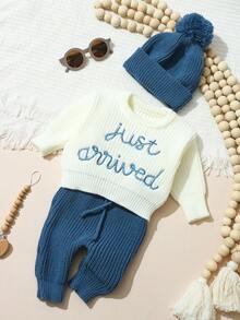 SHEIN 3Pcs Set Baby Hospital Arrival Announcement Outfit 1-3 Month Baby Knitted Tops And Pants With Hat Newborn Photo Shoot Props Neutral Baby Coming Home Outfit - Multicolor - View 8
