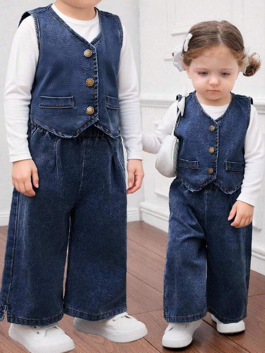 SHEIN HEIN 女童牛仔背带上衣和松紧腰裤两件套，儿童休闲度假波西米亚风家居服，毕业/派对/度假套装，秋季儿童休闲舒适装 - 深色水洗藍 - 查看 1