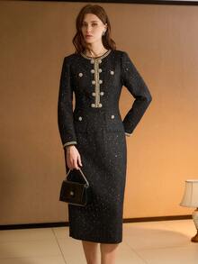 MOTF PREMIUM Vestido midi con detalles de cinta de contraste con lentejuelas, tweed y adornos de strass y perlas falsas - Negro - Ver 5