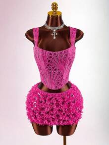 Amplova 2 pezzi Set di top corti aderenti da donna con spalline larghe e senza maniche, di colore unito - Fucsia - Visualizzare 4