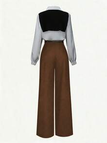 Franclia 法式休闲通勤百搭时尚蓝白条纹长袖衬衫搭配直筒阔腿裤，春秋季女士两件套，休闲商务套装，日常通勤装扮 - 咖啡棕 - 查看 2