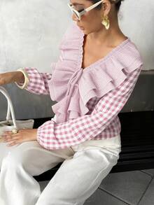 Pariaura French Retro Bubble Chiffon Plaid Print Women Shirt - Pink - View 5
