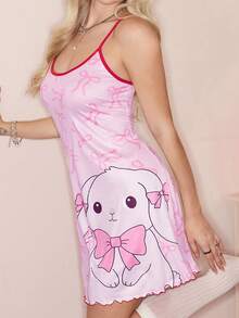 Valentine's Day Y2K Cute Bow & Rabbit Print Contrast Strap Fitted Women Nightgown