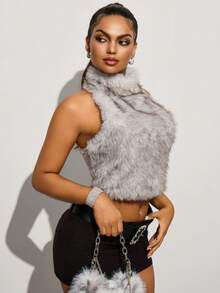 Zyxie Women's Fashionable Sexy Furry Backless Cropped Halter Top - Grey - View 1