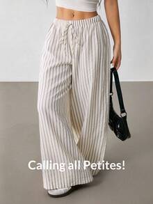 SHEIN PETITE Women's Casual Loose Striped Wide-Leg Pants Baggy - Beige - View 8