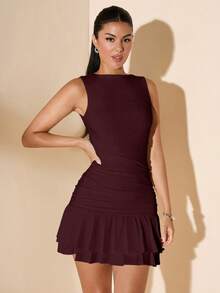 SHEIN BAE Váy mini hai lớp xếp ly bó sát màu trắng không tay cho nữ, phù hợp cho mùa hè, mùa thu và mùa đông - Màu Tím - Xem 7