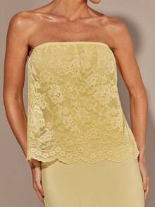 COSMINA 女士优雅蕾丝连衣裙，宽松无肩带，百搭吊带裙，适合约会，四季皆宜 - 黃色 - 查看 5