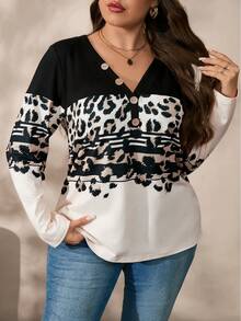 EMERY ROSE Plus Size Women V-Neck Leopard Print Long Sleeve Button Down Fitted T-Shirt - Black - View 3