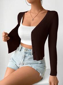 Women's Solid Color Ribbed Knit Cardigan With Front Button, Slim Fit, Spring/Autumn - Brown - View 4