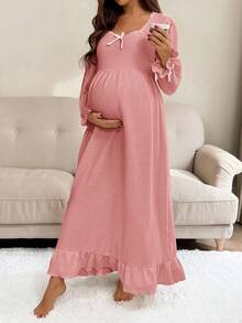 SHEIN 孕妇蝴蝶结装饰长袖宽松连衣裙 - 粉色 - 查看 6