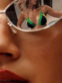 Swim SXY Damen sexy Urlaubs-Lässig Kontrast-Farbe Twist-Seil Neckholder Bikini-Set mit einfarbigen Binde-Schwimm-Hosen, 2 Stücke Badeanzug