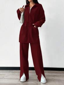 Mulvari Women Solid Color Zip-Up Jacket With Pockets And Pants Casual 2 Pieces Set 2 Pieces Set - Burgundy - View 4