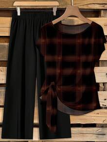 SHEIN Clasi 女士系带蝴蝶结撞色格纹印花衬衫和直筒裤两件套，适合通勤、外出、机场穿搭，时尚别致 - 彩色 - 查看 6