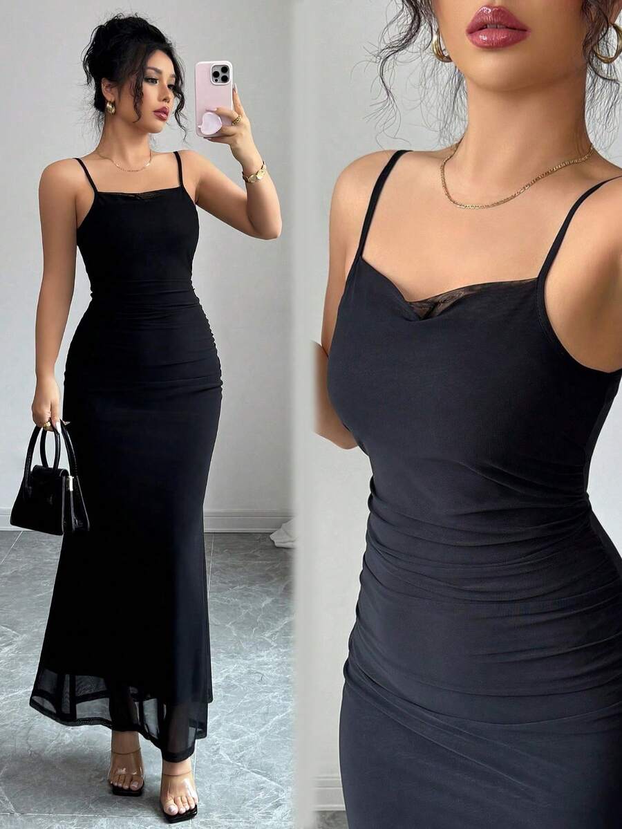 Elenzga Women Solid Color Fish Tail Hem Sling Mid-Calf Slim Fit Elegant Dress