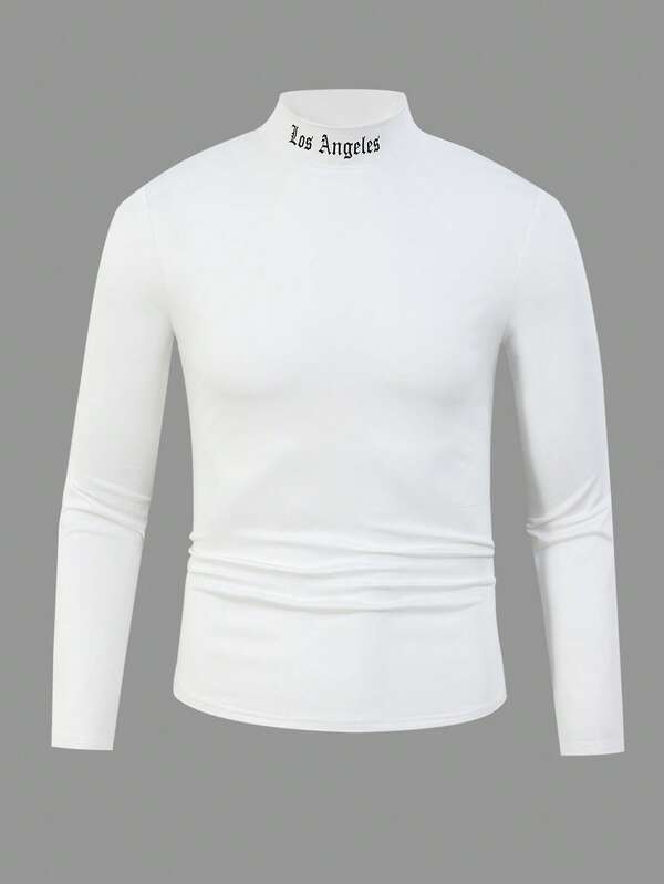 Vacaura 1pc Casual Streetwear Teenage Boys Half Turtleneck Letter Print Decor T-Shirt, Suitable For Leisure, Commuting, Daily Wear, Layering, And Sports