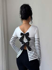 Elenzga 女士条纹露背蝴蝶结长袖休闲T恤 - 黑色 - 查看 2