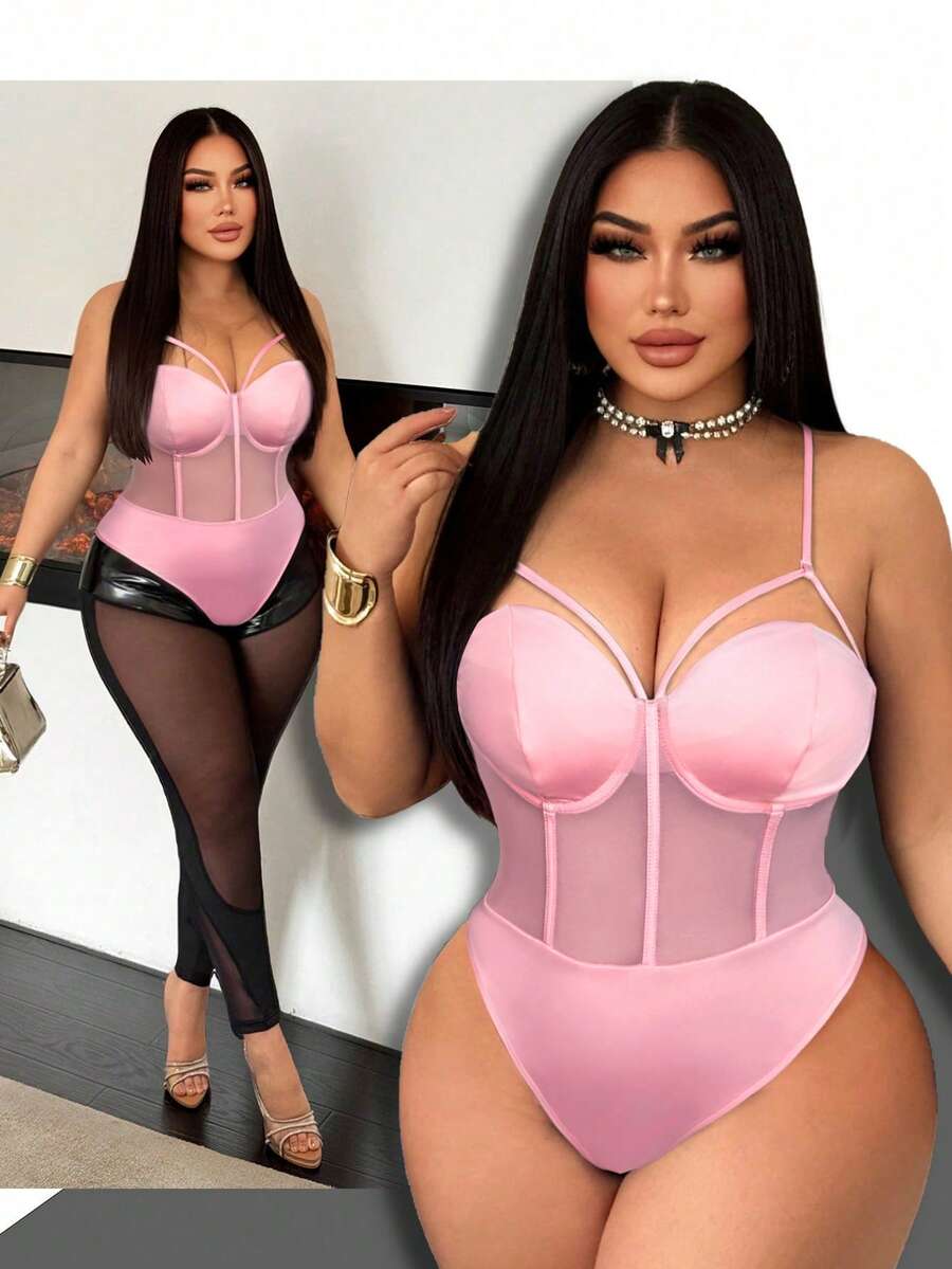 SHEIN SXY 大码女士性感粉色吊带网纱拼接紧身胸衣连体衣，适合街头、休闲、性感、日常旅行、购物、约会等场合，清爽舒适，易于搭配，显瘦，凸显身材，修饰身形。 - 粉色 - 查看 1