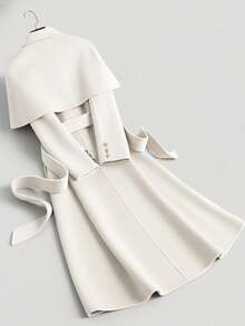 GlowEve Women's Elegant Cinched Waist Wrap Coat, Simple Solid Color Long Sleeve Maxi Cardigan Suitable For Outings, Autumn/Winter - White - View 2